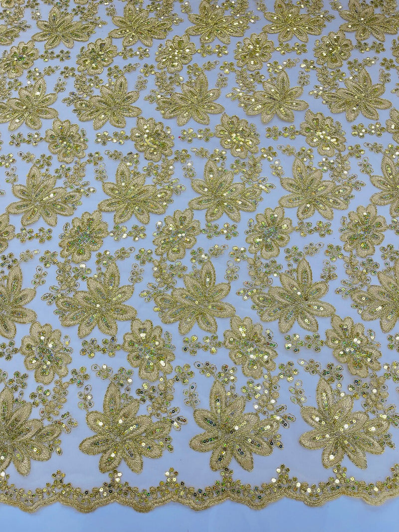 Metallic Floral Lace Fabric - Gold - Hologram Sequins Floral Metallic Thread Fabric by Yard