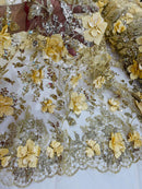 Big Flower 3D Glitter Fabric - Gold - Embroidered Floral Sequins Design Fabric by Yard