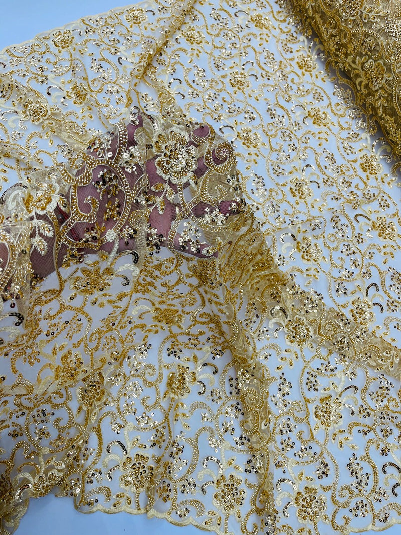 Embroidery Beaded Fabric - Gold - Beaded Floral Bridal Embroidery Fabric Sold by the yard