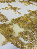 Beaded Floral Fabric - Gold - Luxury Bridal Floral Pattern Fabric With Beads, Sequins Sold By Yard