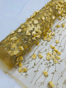 3D Floral Glitter Fabric - Gold - 3D Sequins and Glitter Floral Design on Mesh Sold By Yard