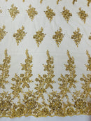 Rose Beaded Sequin Fabric - Gold - Embroidered Floral Pattern with Beads and Sequins By Yard