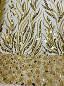 Plant Design Bead Fabric - Gold - Geometric Mirror Bead Handmade Design with Rhinestones By Yard