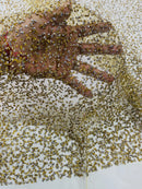 Rhinestone Glitter Mesh Fabric -  Gold - Shiny Glitter Mesh Rhinestone Detail Fabric by Yard