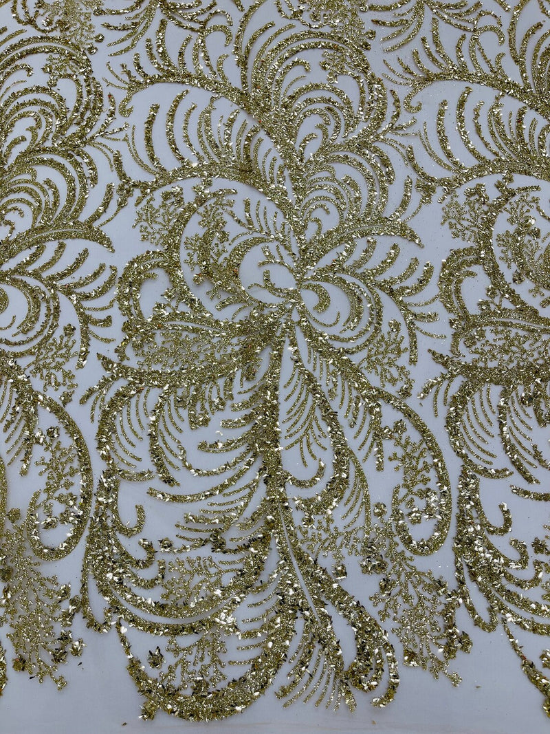 Palm Leaf Design Glitter Fabric - Gold - Tulle Glitter Mesh Line Design Fabric Sold By Yard