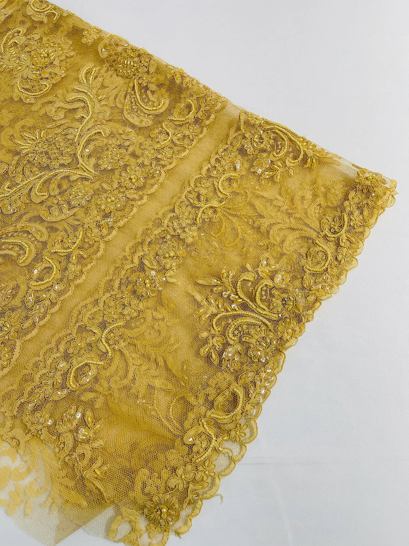 My Lady Beaded Fabric - Gold - Damask Beaded Sequins Embroidered Fabric By Yard