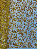 Floral Plant Bead Design - Gold - Beaded Flower Plants Embroidered  Sequins Fabric By Yard