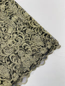 Damask Fancy Design - Gold - Embroidered Black Mesh Damask Design Lace Fabric Sold by Yard