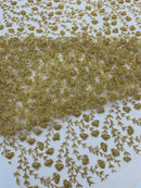Small Glitter Flower Fabric - Gold - Shimmer Glitter Flower Design on Mesh Lace By The Yard