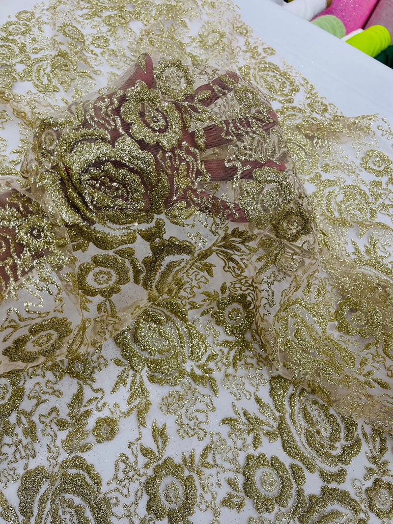 3D Chunky Glitter Rose Fabric - Gold -  Flower Glitter Design on Tulle Fabric Sold by Yard