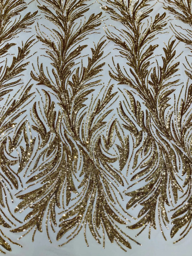 Leaf Stretch Sequins Fabric - Gold - 4 Way Stretch Sequins on Lace Mesh Fabric by Yard