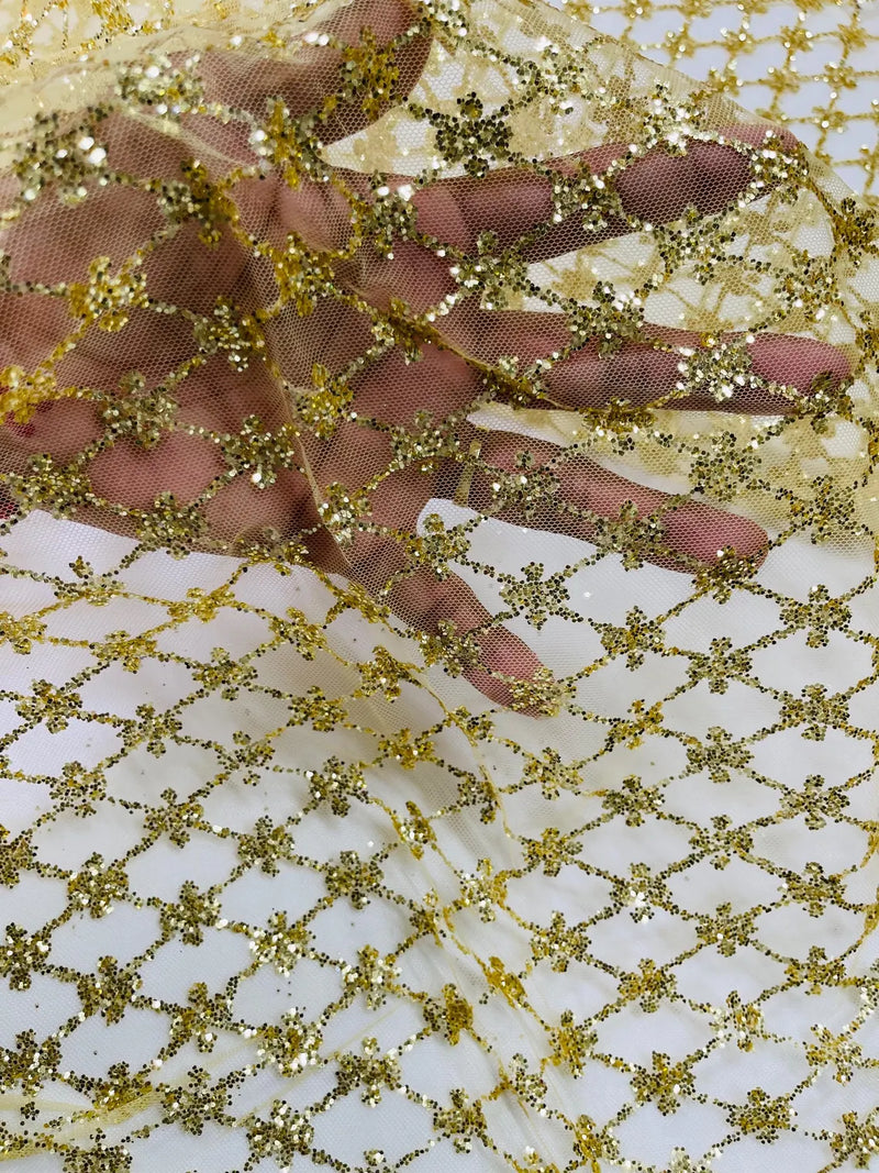 Diamond Design Glitter Fabric - Gold - Triangle Shiny Glitter Mesh with Flower Decor by Yard