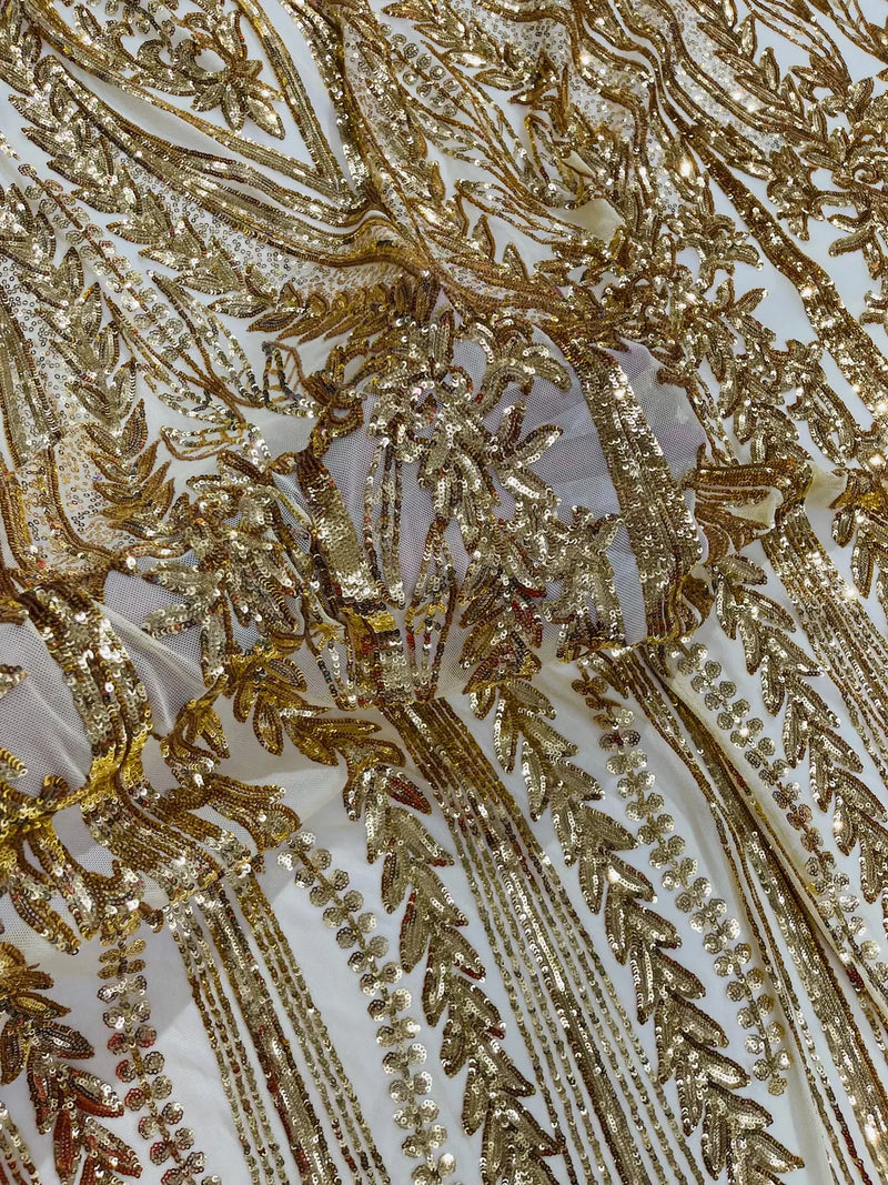 Mermaid Design Fabric - Gold - 4 Way Stretch Sequins Fabric on Lace Mesh Sold By Yard