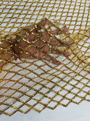 Diamond Net Sequins Fabric - Gold - Geometric Diamond Net Design on Mesh Lace Fabric By Yard