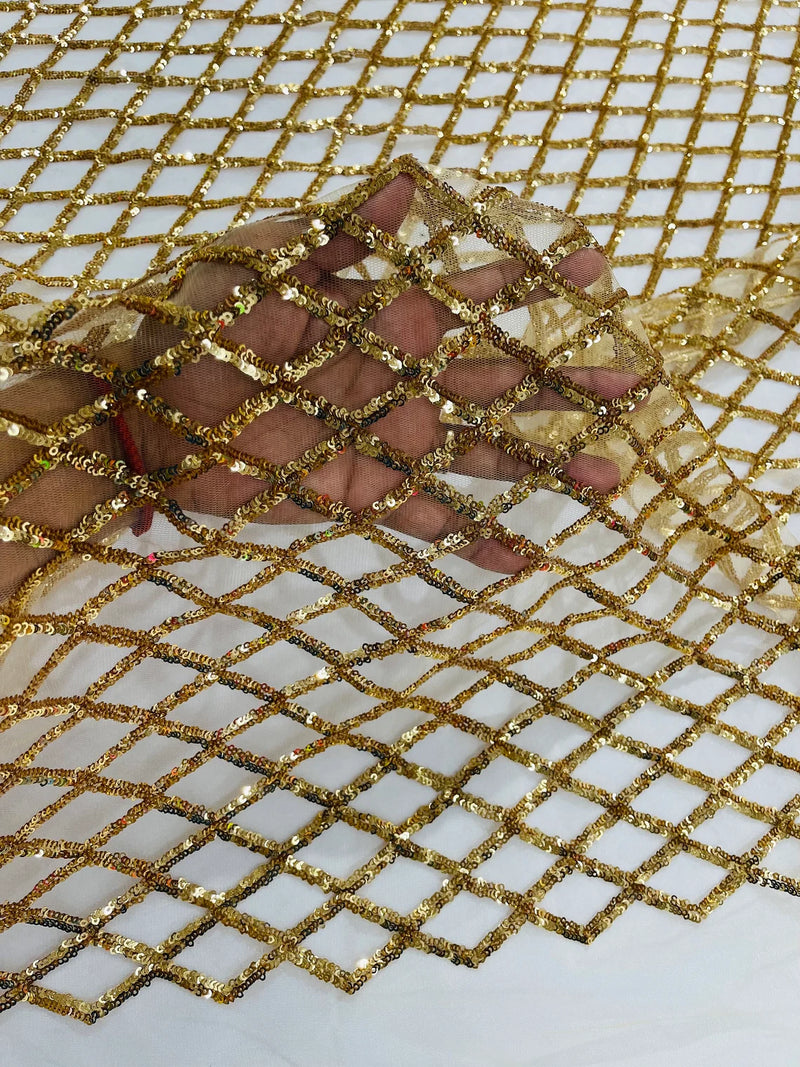 Diamond Net Sequins Fabric - Gold - Geometric Diamond Net Design on Mesh Lace Fabric By Yard