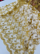 Metallic Floral Butterfly Fabric - Gold - Embroidered Floral Butterfly Design Mesh Fabric by Yard