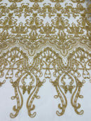 Damask Beaded Glam Fabric - Gold - Embroidery Beaded Fabric with Round Beads Sold By The Yard