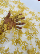 Floral Cluster Corded Fabric - Gold - Fancy Flower Embroidery Lace Mesh Fabric By Yard