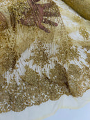 Glitter Damask Geometric Fabric - Gold - Geometric Damask Design Lace Mesh Fabric By Yard