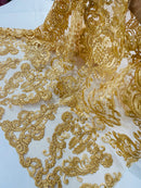 King Lace Design Fabric - Gold - King Design with Sequins Embroidered On Mesh By Yard