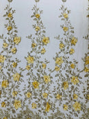 Big Flower 3D Glitter Fabric - Gold - Embroidered Floral Sequins Design Fabric by Yard