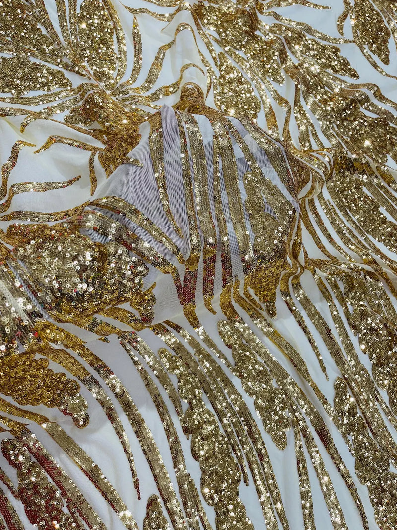 Wavy Leaf Design Fabric - Gold - 4 Way Stretch Sequins Lace Mesh Leaf Design Fabric by Yard