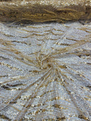 Wavy Leaf Lines Fabric - Gold - Beaded Sequins Leaf Pattern Embroidered On Mesh By Yard