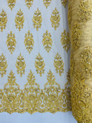 Embroidered Bead Fabric - Gold - Floral Damask Bead Bridal Lace Fabric by the yard