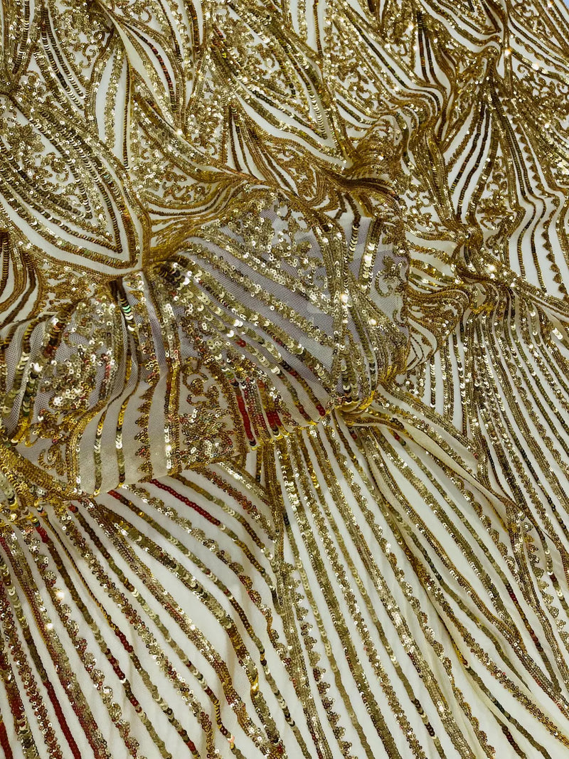 Curvy Design Sequins Fabric - Gold - 4 Way Stretch Curvy Sequins Design Mesh Fabric by Yard