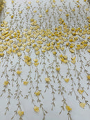 3D Glitter Floral Fabric - Gold - Floral Line Glitter Designs on Mesh Fabric Sold By Yard
