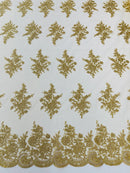 Flower Lace Sequins Fabric - Gold - Embroidered Floral Pattern Fabric with Sequins on Lace By Yard