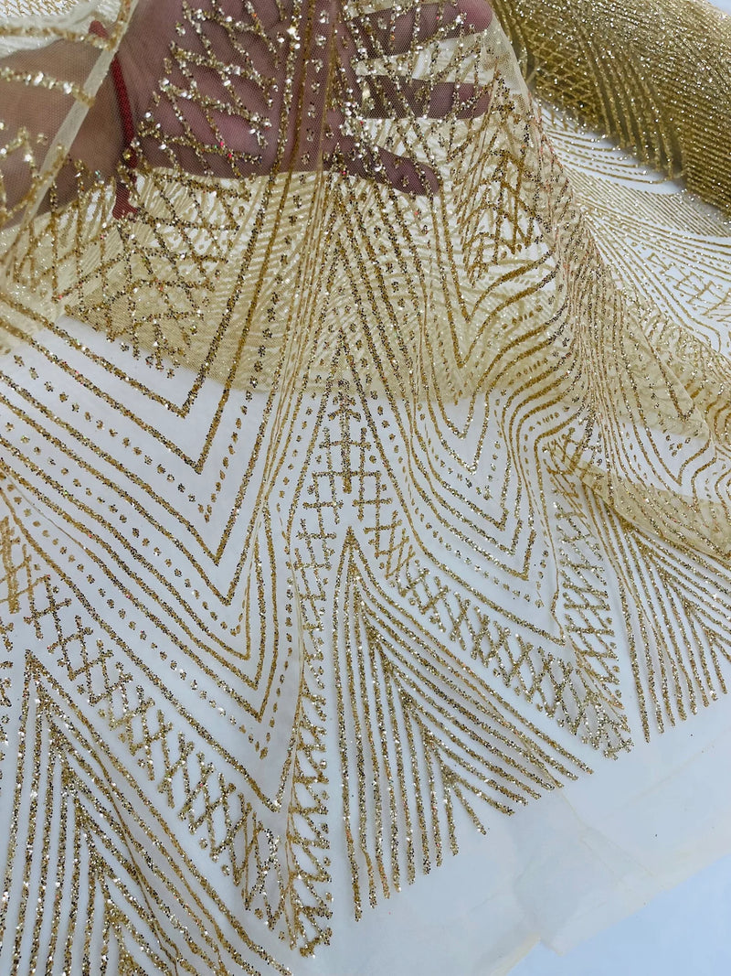 Shiny Glitter Geometric Fabric - Gold - Glitter Geometric Design Lace Mesh Fabric By Yard