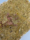 Butterfly Floral Lace Fabric - Gold - Butterfly Flower Metallic Design on Lace Fabric By Yard