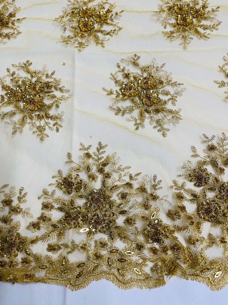 Floral Beaded Gaviota Fabric - Gold - Beaded Floral Design Embroidered On Mesh Sold By Yard