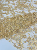 Rhinestone Design Fabric - Gold - Beaded Damask Design Embroidery Corded Lace  by Yard