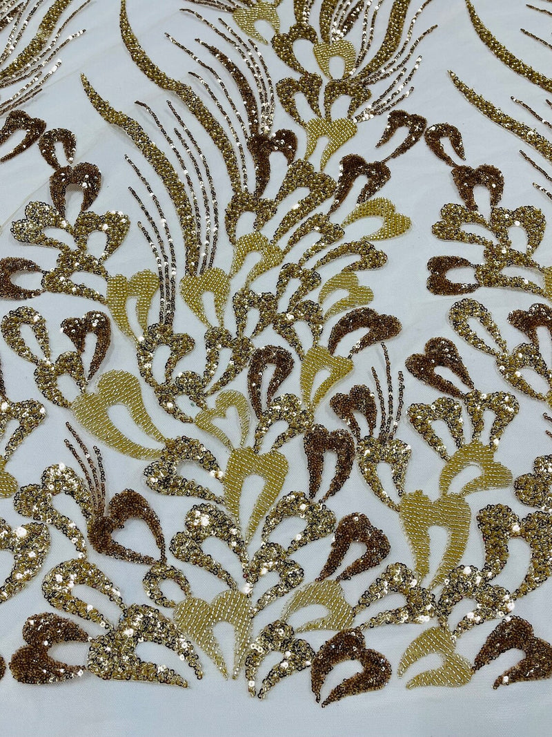 Wavy Lines Leaf Bead Fabric - Gold - Embroidered Leaf Beaded Mesh By Yard