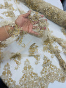 Floral Cluster Beaded Fabric - Gold - Embroidered Flower Beaded Fabric Sold By Yard