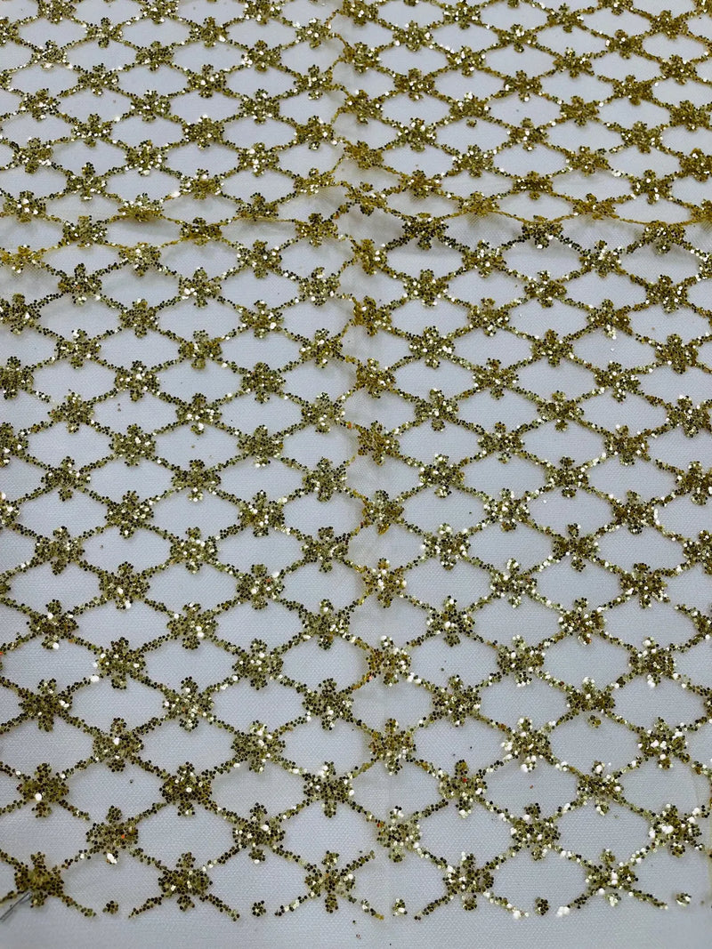 Diamond Design Glitter Fabric - Gold - Triangle Shiny Glitter Mesh with Flower Decor by Yard