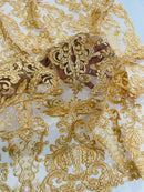 King Lace Design Fabric - Gold - King Design with Sequins Embroidered On Mesh By Yard