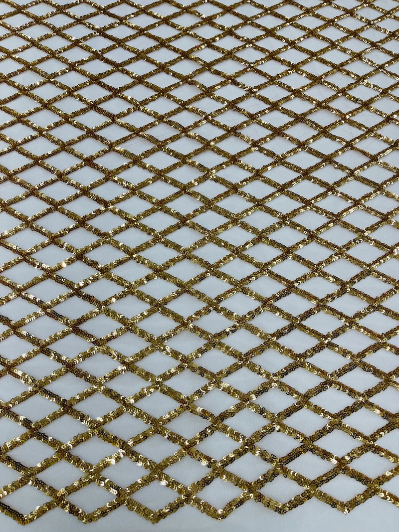 Diamond Net Sequins Fabric - Gold - Geometric Diamond Net Design on Mesh Lace Fabric By Yard