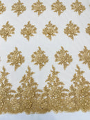 Flower 3D Corded Fabric - Gold - Lace Mesh Fabric Embroidered Floral Design by Yard
