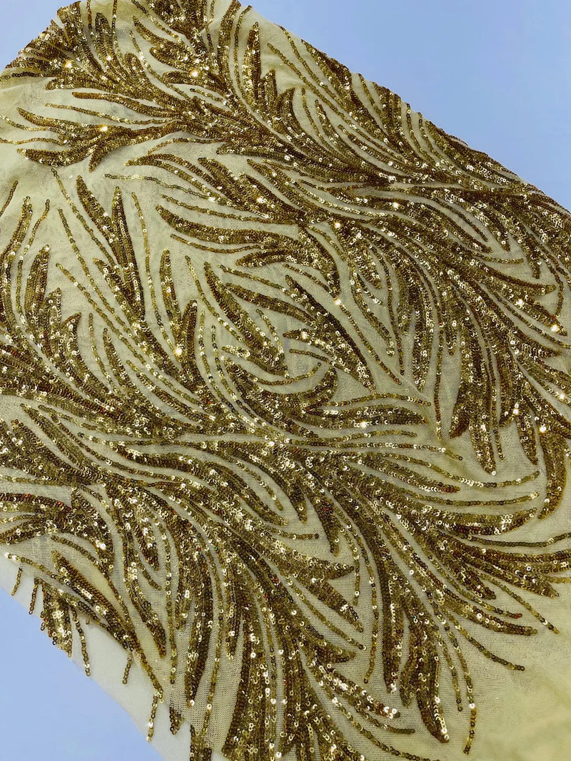 Leaf Stretch Sequins Fabric - Gold - 4 Way Stretch Sequins on Lace Mesh Fabric by Yard