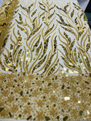 Plant Design Bead Fabric - Gold - Geometric Mirror Bead Handmade Design with Rhinestones By Yard