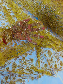 Floral Plant Bead Design - Gold - Beaded Flower Plants Embroidered  Sequins Fabric By Yard