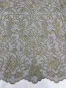 Damask Fancy Design - Gold - Embroidered Black Mesh Damask Design Lace Fabric Sold by Yard