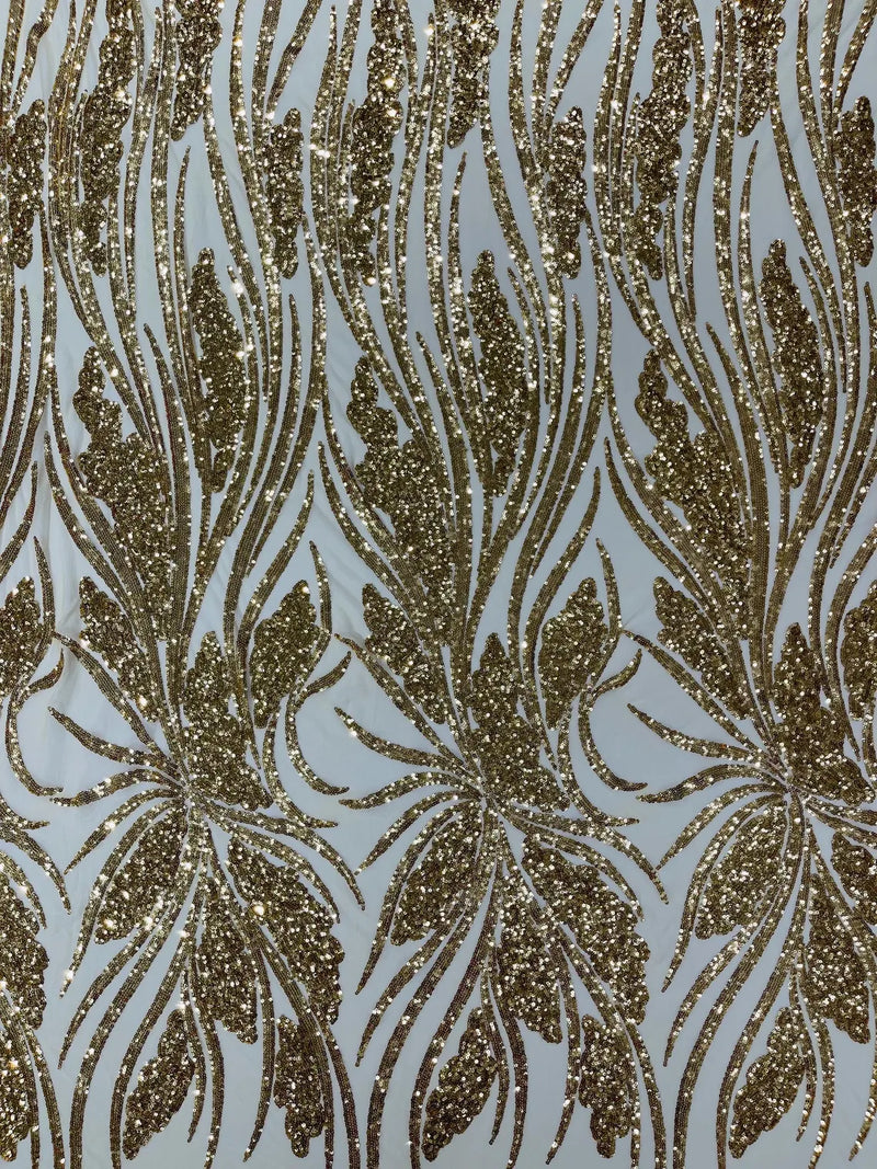 Wavy Leaf Design Fabric - Gold - 4 Way Stretch Sequins Lace Mesh Leaf Design Fabric by Yard