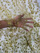Leaf Plant Glitter Fabric - Gold - Luxury Tall Leaf Plant Shiny Glitter Mesh Design Fabric by Yard