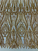 Mermaid Design Fabric - Gold - 4 Way Stretch Sequins Fabric on Lace Mesh Sold By Yard