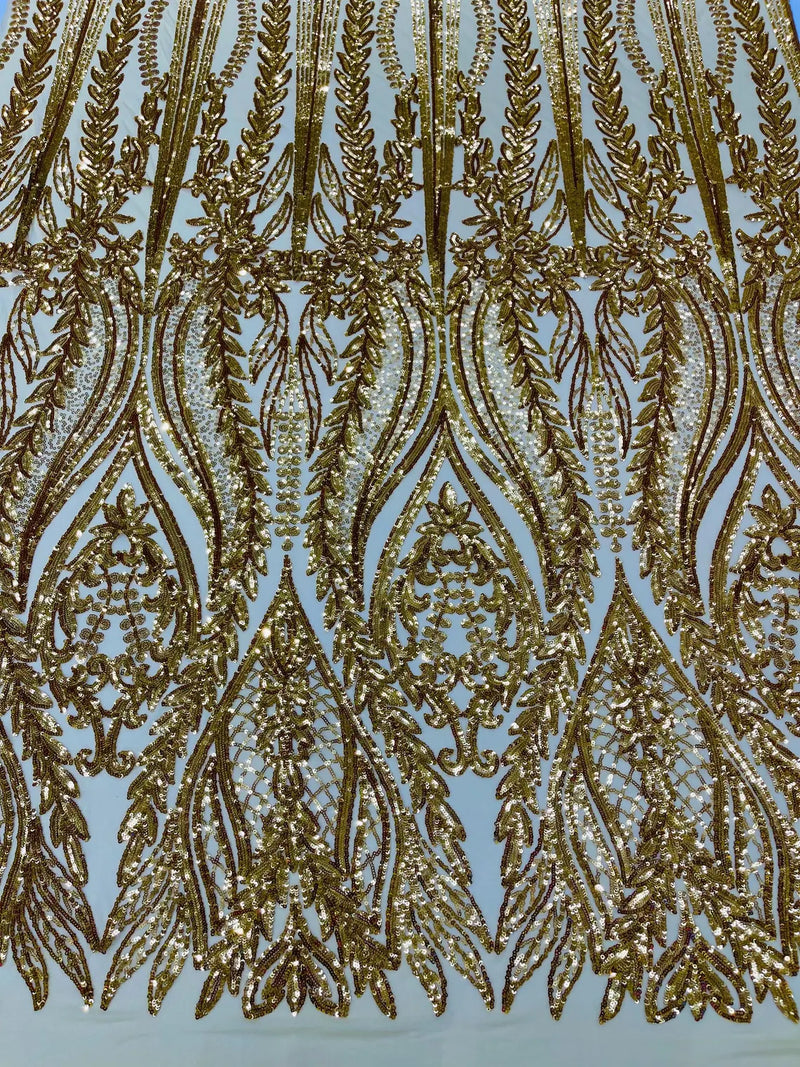 Mermaid Design Fabric - Gold - 4 Way Stretch Sequins Fabric on Lace Mesh Sold By Yard