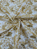 Butterfly Floral Lace Fabric - Gold - Butterfly Flower Metallic Design on Lace Fabric By Yard
